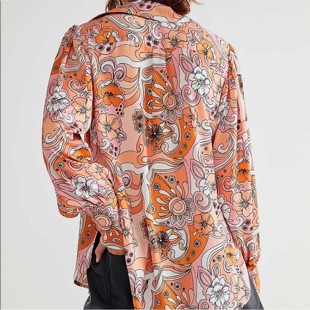 Free People Serena Printed Button Down Silky Floral Boho 70’s Top Blouse Shirt - Picture 3 of 13